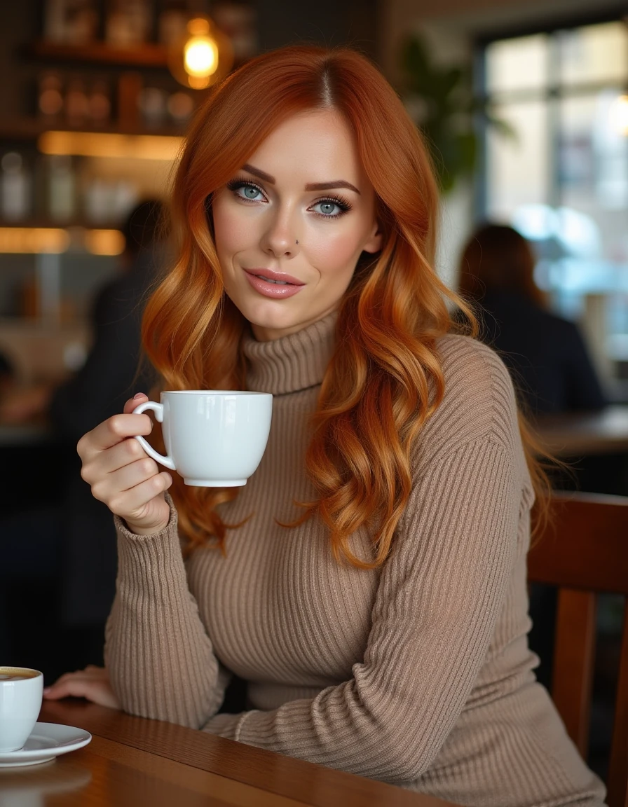<lora:Dani_Jensen_Flux:1>  realistic photo of danijensen, makeup, breasts, wearing a turtleneck sweater dress,  in a cafe having a coffee.