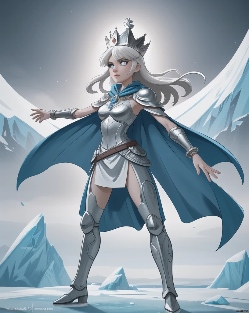 A stunning, highly detailed Mystery-fantasy full-body illustration of a determined and audacious heroic female warrior, with light blue glowing eyes, wearing an alluring intricately jeweled armor and a long epic ornamented cloak. The icy gleaming armor is adorned with brilliant icy gem stones, a jeweled crown helmet, and gleaming jeweled bracelets finish her ensemble. (She depicts a a heroic poise adapted to a fluid dynamic pose presenting her best side:1.2). A frost god amidst the stormy icy mountaintop. The female warrior depicts heroic allure with her flowing cloak amidst swirling snowstorms and frost-covered peaks, with icy winds whipping around her athletic frame. The scene depicts her with audacious demeanour and decent fierce, the style is inspired by ((((Oliver Barrett, Nico Delort), Annie Stegg Gerard), Audrey Kawasaki), and Samuel Araya).