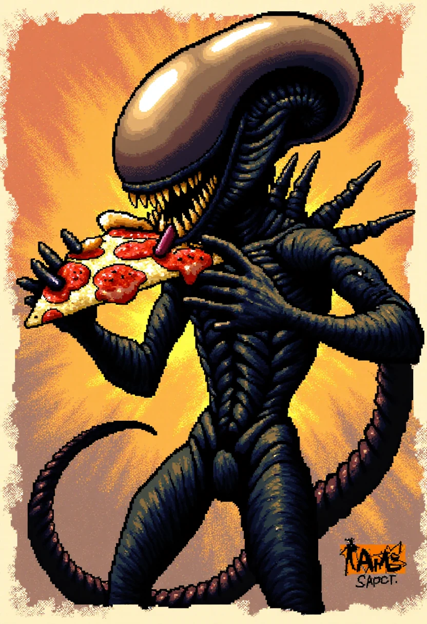 <NOTE: Turn down the strength of the model to 1.1 - 1.3 before using this example to remix!>
yoshislestyle, a black Xenomorph eating pizza.    <lora:Yoshis_Island_Style_F1D:1.8>