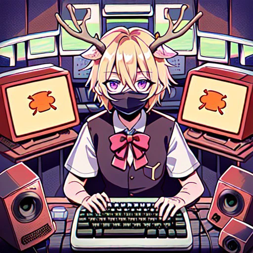 (masterpiece, best quality), surgical mask, demon horns, antlers, upper body, speaker, short hair, keyboard (computer), red skin, cowboy shot, outdoors, bandaid on face, tiles, blonde hair, purple bow, water, desk, english text, hair between eyes, coffee mug