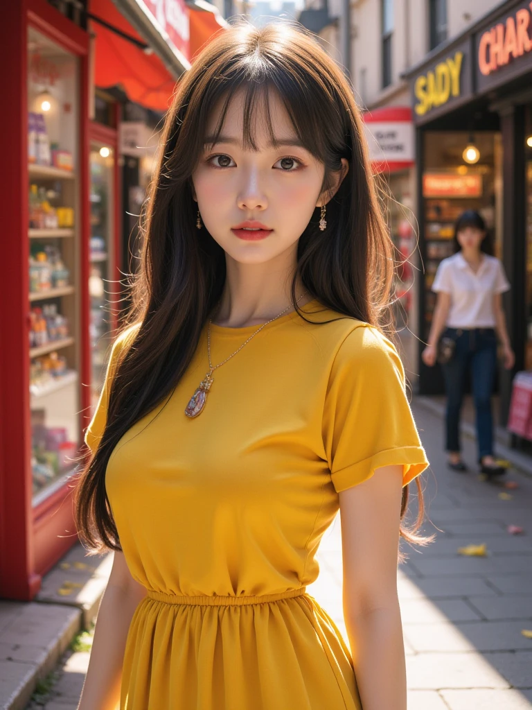 girl,yellow dress,street,candy store,