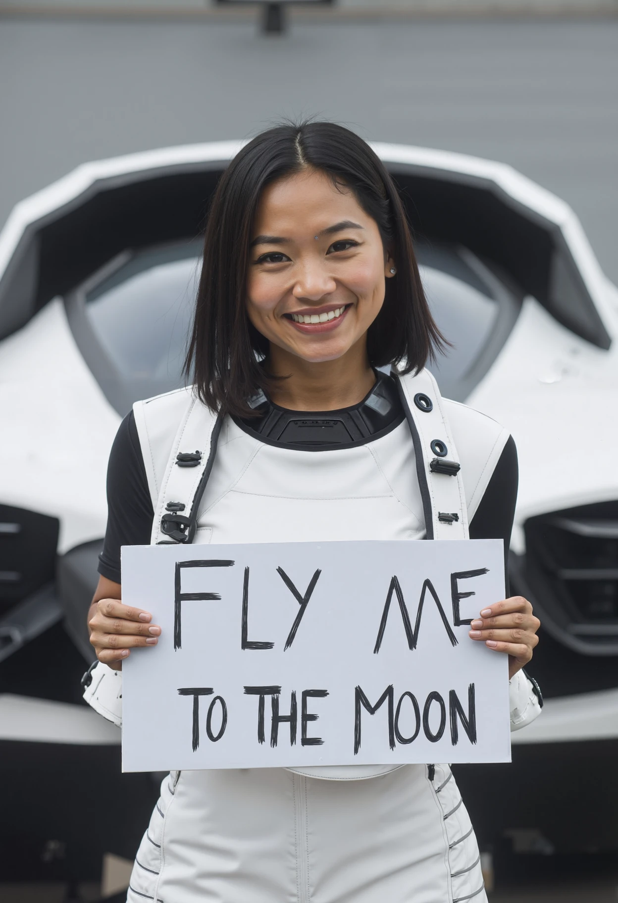 instagram photo of an asian woman wearing a cyberpunk hard armor fully white with black accent, he is standing in front of a spaceship with a smile holding a sign that reads: FLY ME TO THE MOON