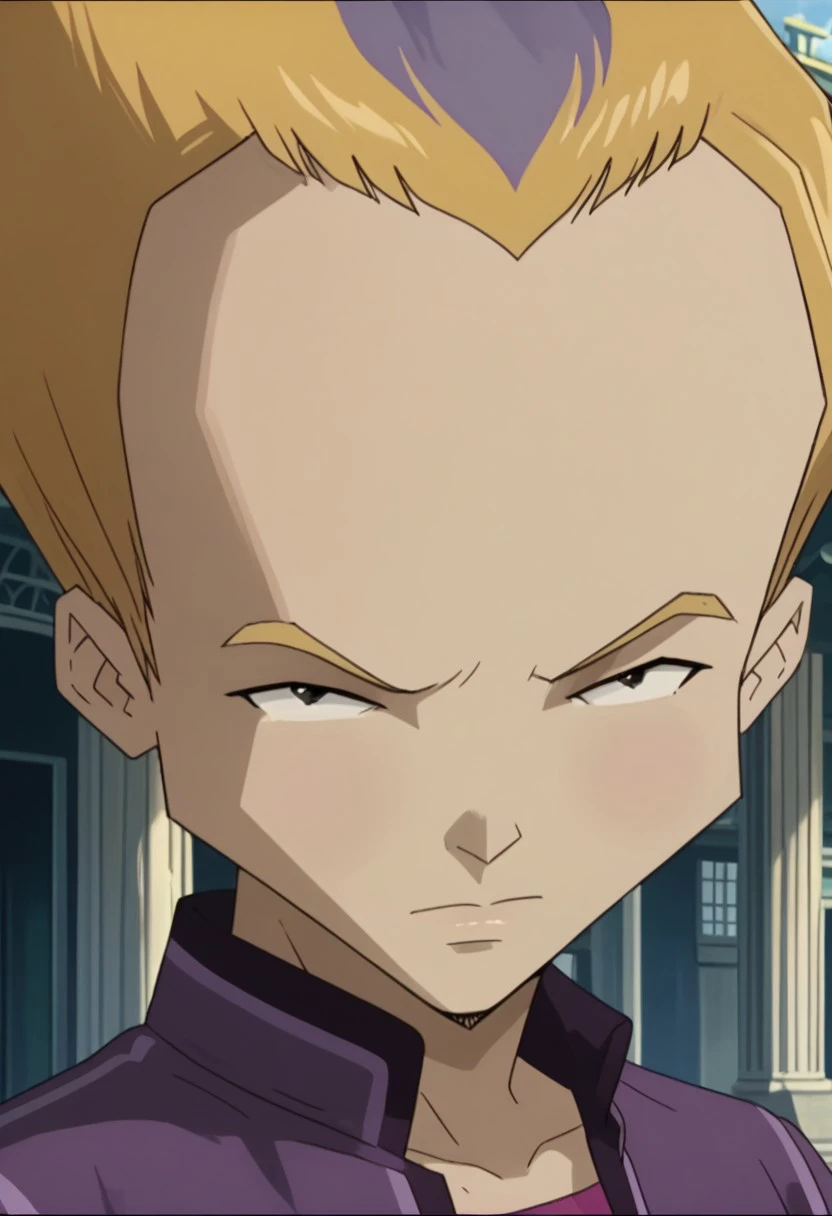 score_9, score_8_up, score_7_up, source_anime, rating_safe, RobbiaCL, yellow-purple_Robbia_hair, black eyes, 1boy, male focus, anime screencap,