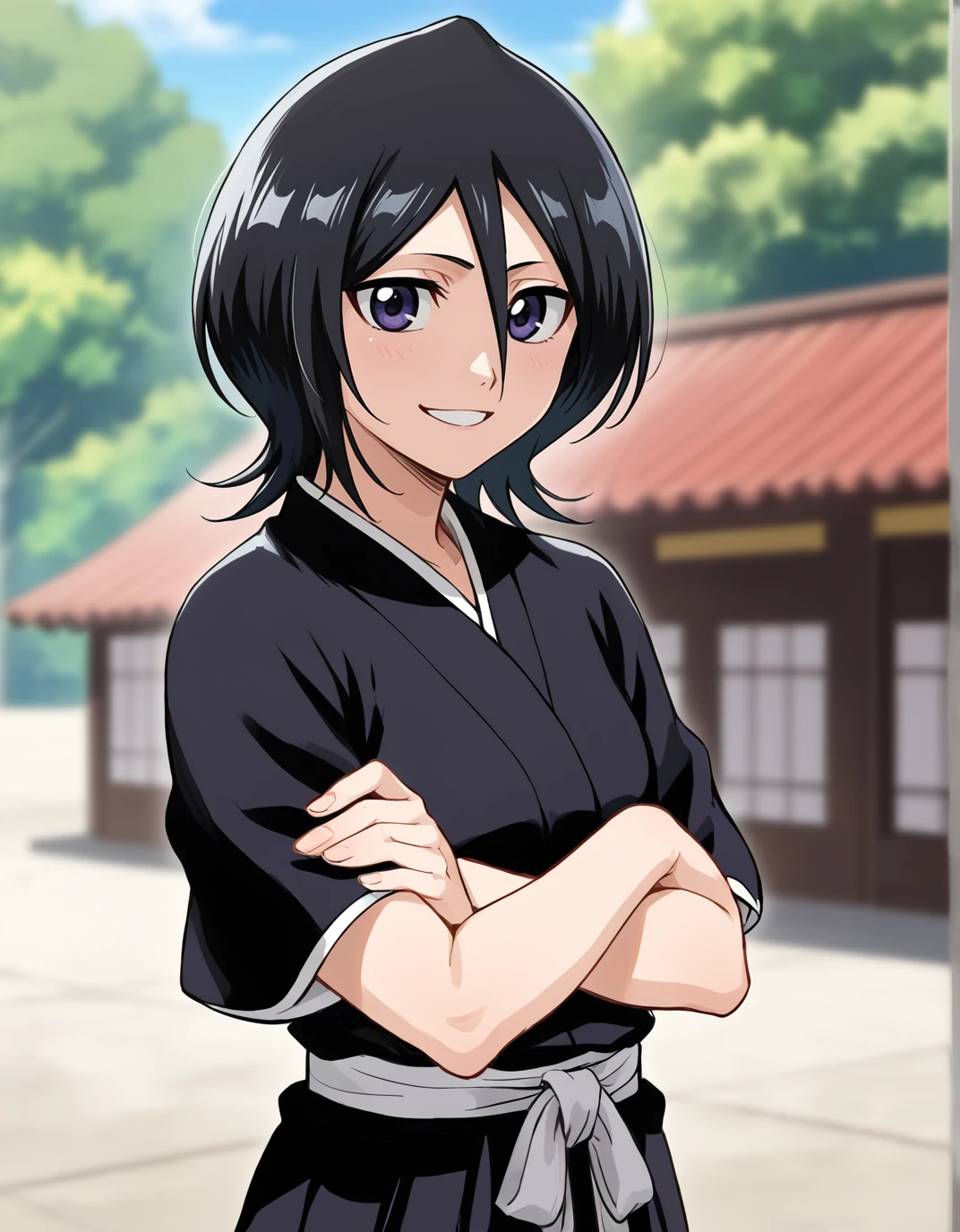 kuchiki rukia, 1girl, solo, soul reaper uniform, arms crossed, smile <lora:Rukia:1> <lora:StS_detail_slider_v1:3> depth of field, blurry background, score_9