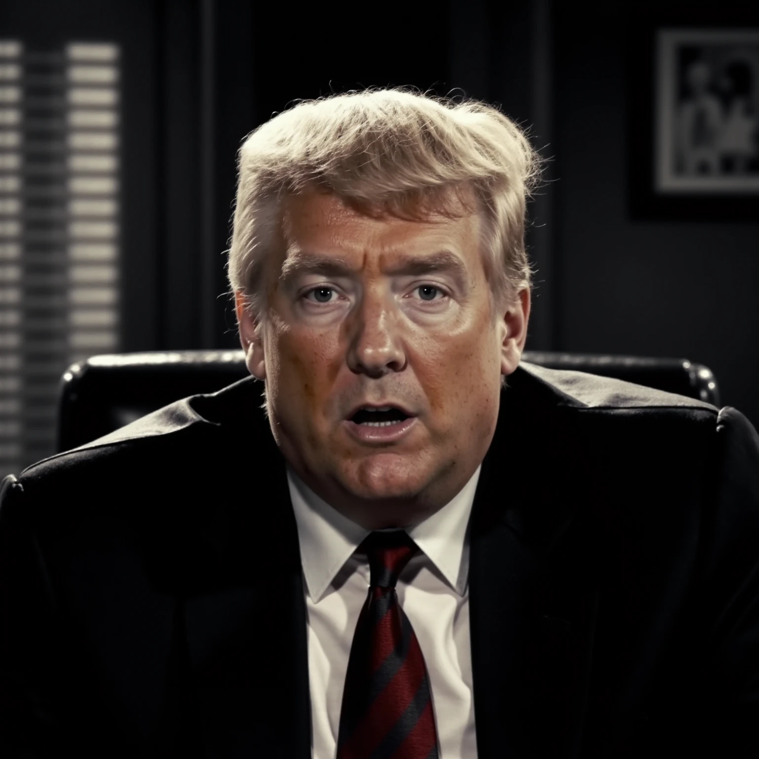 a moody close-up portrait of Donald Trump. He is wearing a suit and a tie. He has shocked expression on his face, with his eyes wide open and his mouth slightly open, while looking directly at the camera. The background is blurred, but it appears to be in an office. The overall mood of the image is one of shock or surprise, with a classic film noir feel.   sinCity  <lora:Sin_City_-_Flux_Lora:1>