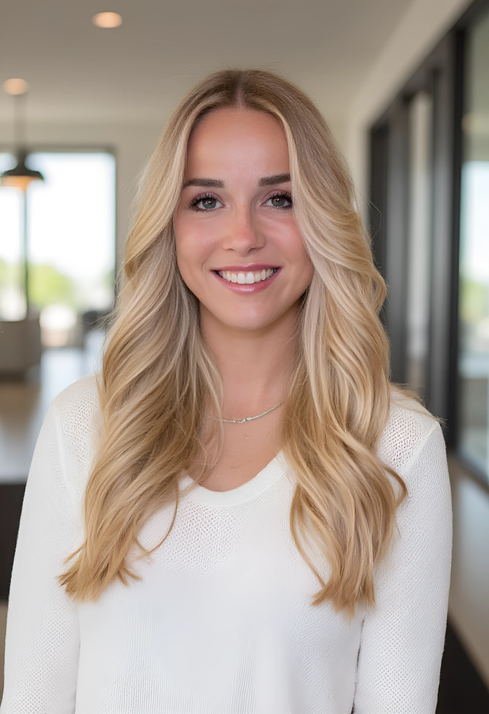 a photo of giuliagwinn wearing a white knit sweater. She wears her long blond hair open. She has blue brown eyes and she is smiling. The background shows a modern classy living room with a glass front through which sunlight is shining, illuminating giuliagwinn.