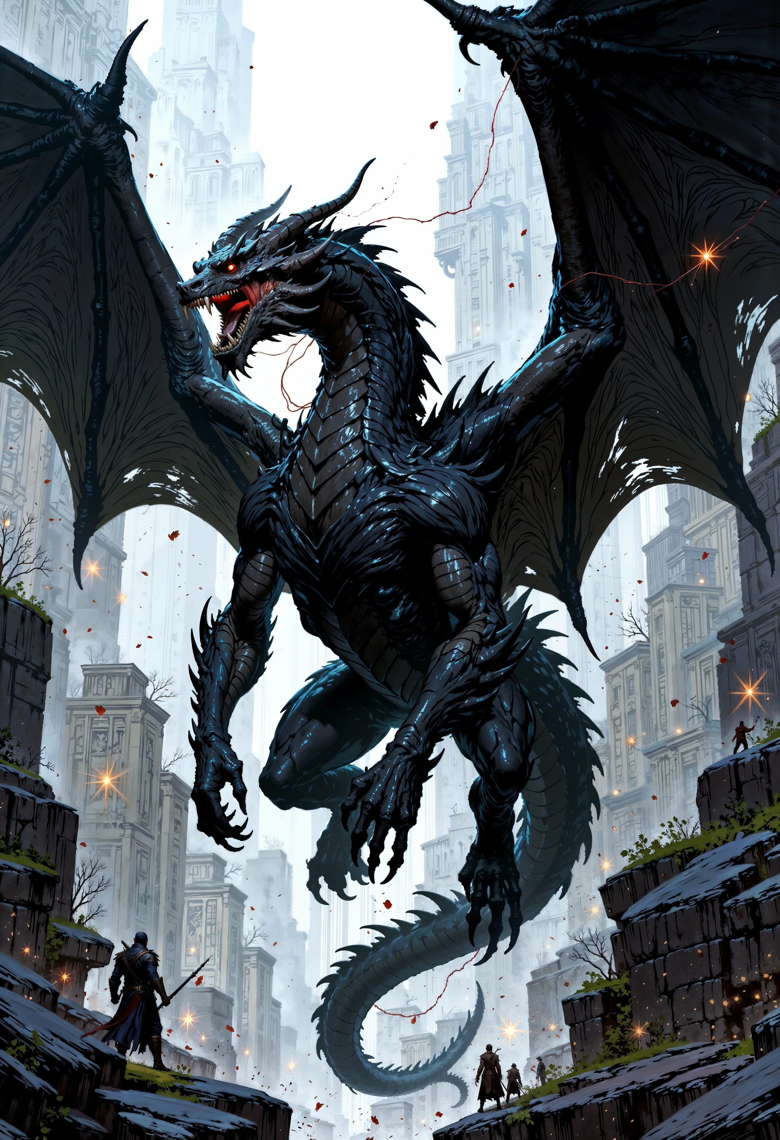 FluxEpicDragon, A majestically soaring black dragon, its massive wings outstretched as it creates an ominous acid aura. Every muscle and scale is impeccably detailed, exuding a sense of power and mystery. This epic and cinematic digital art piece is rendered in 4k resolution, providing a sharp focus on the dragon's exquisite anatomy. The image captivates viewers with its highly detailed, almost approaching perfection rendering that immerses them in the fantastical world of dragons and fantasy.  <lora:FluxEpicDragons:1>