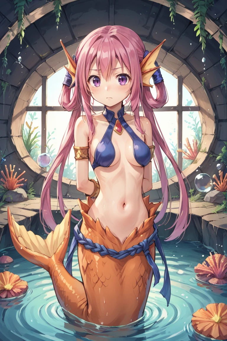 score_9, score_8_up, score_7_up, score_6_up, source_anime, BREAK, <lora:Nietzsche:0.9> , niedef, medium breasts, 1girl, hair rings, pink hair, long hair, sidelocks, purple eyes, monster girl, mermaid, kneeless mermaid, fins, head fins, mermaid tail, orange scales, wings, usekh collar, bracer, jewelry, navel, halterneck, bridgeless bra, bikini top only, blue shimenawa, arms behind back, solo, cowboy shot, serious expression, closed mouth, looking at viewer,  cavern, interior, cave, partially submerged, coral, <lora:backgroundsetXL:0.3> , background,   <lora:yum4rtXLP:0.4> , yum4rt,