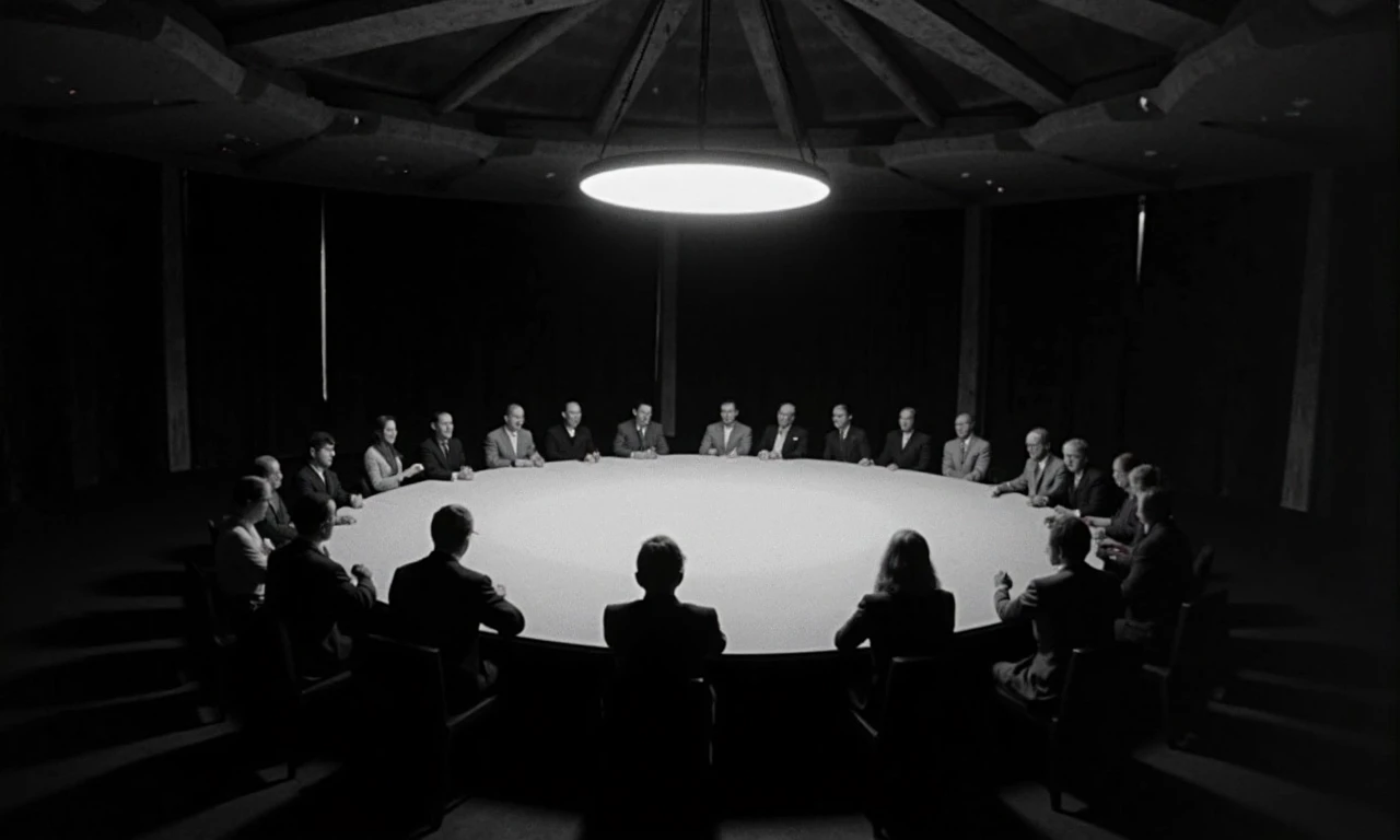 KBKBW strangelove, Large circular table, people seated around the table, hanging circular light fixture above the table, dimly lit room, high ceiling with exposed beams.