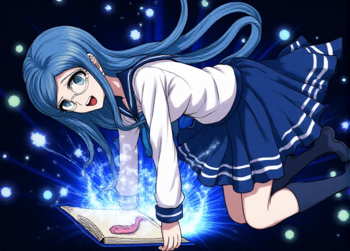 <lora:Tsumugi_Shirogane:1.3> The image is in danganronpa sprite style. Tsumugi Shirogane wearing her uniform from the Danganronpa V3 prologue. Tsumugi Shirogane has knee-length teal-blue hair parted in the center which is straight and smooth at the base and gradually splits into waves near the tips. Her eyes are large, round, and are a soft teal-green color. Tsumugi wears round, rimless glasses with white temples. She's wearing her long-sleeved sailor-style seifuku, which is white with a blue collar and a navy blue ribbon tied at her neck. The seifuku has small white accents on the sleeves and collar. She's also wearing a blue and white striped skirt and dark knee-high socks. Tsumugi has a expression conveying suden realization.  Tsumugi is enacting a bending over . This takes place within facing viewer, amazing quality, masterpiece, best quality, hyper detailed, ultra detailed, UHD, perfect anatomy, magic world, (kitten and fish:1.4), fish in the air, spell magic to get fresh fish as food,( fish jumping from magic book:1.3), energy flow, a full body of a cute kitten, kawaii, a cat a wearing witches robe, a cat wearing a witches hat, a cat holding a magic book, a cat holding a magic book on one hand, spell magic, extremely detailed, glowneon, glowing