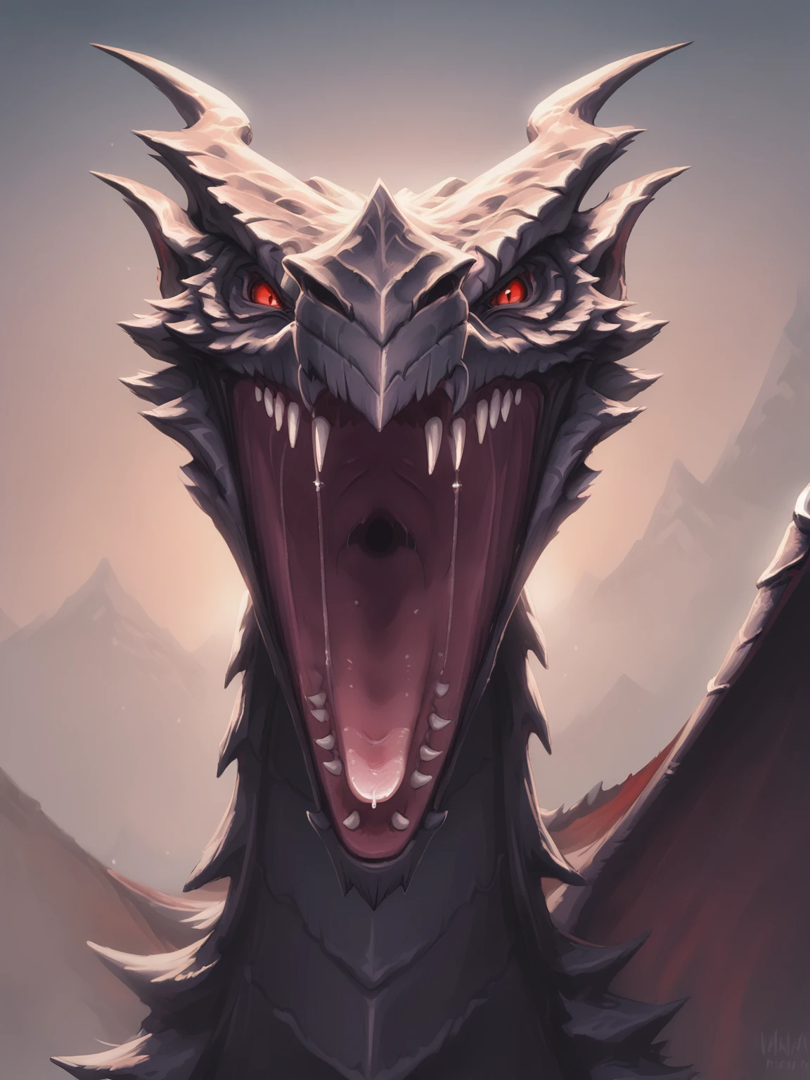 score_9, score_8_up, score_8, alduin, dragon, wyvern, feral, male, tail, black scales, red eyes, saliva, angry expression, open mouth, digital painting, solo, flat color, soft lighting, mountain background, close up, facing viewer, portrait view, <lora:princess_xl_v2:1>, <lora:Smooth Anime Style LoRA XL:1>,  <lora:LoraAlduinBYXL_alduin:1>