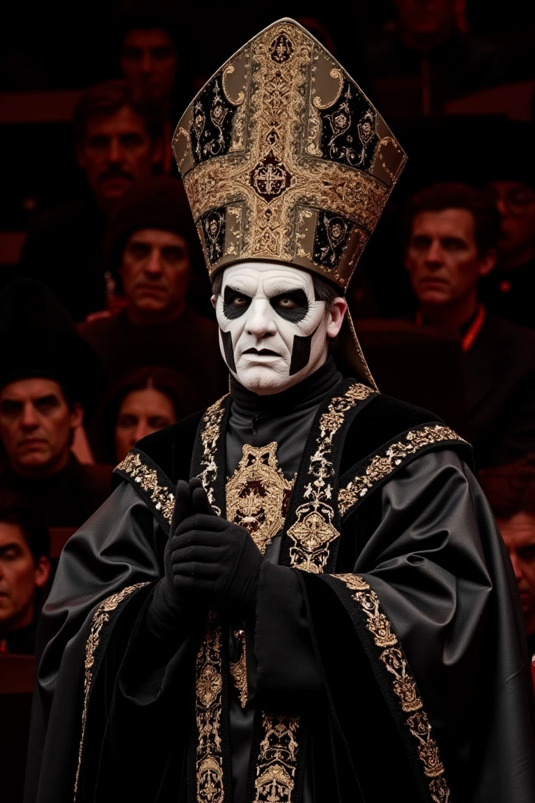 papaem, Papa IV, close up, looking to viewer, portrait,A mature man, wearing a  black ornamental robe, mitre, black gloves, detailed facepaint, concert, with audience