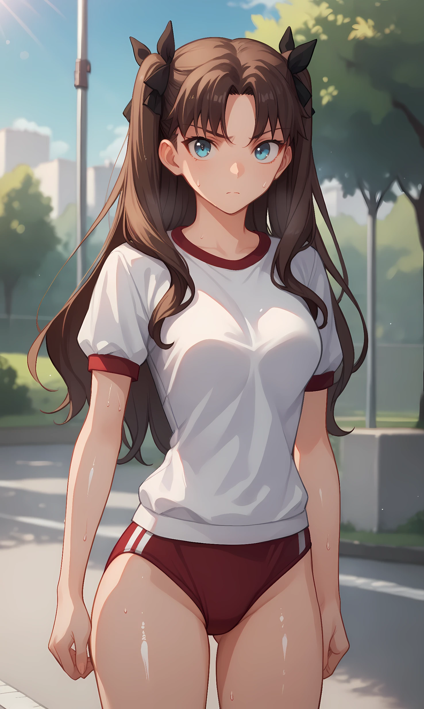 score_9, score_8_up, score_7_up, BREAK source_anime, 1girl, solo, outdoors, park, cowboy shot, standing, looking at viewer, rin, blue eyes, brown hair, long hair, two side up, parted bangs, black ribbon, hair ribbon, white shirt, short sleeves, gym uniform, red buruma, sweat, shiny skin