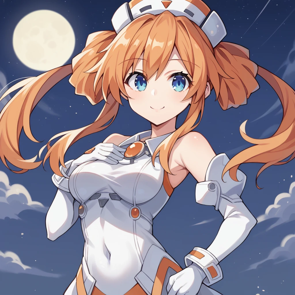 score_9_up, score_8_up, score_7_up, source_anime, masterpiece, best quality, 1girl, solo, Uzume, Uzu_OrangH, moon light, starry sky, night sky, standing, from side, angled shot, sweet smile, hand on chest, looking at you, upper body, face focus, orange hair, blue eyes, twintails, white leotard, detached sleeves, covered navel, white sleeves, white gloves, white headwear, bare shoulders, white collar, mature body, dynamic cowboy shot, outdoors, sky clouds background