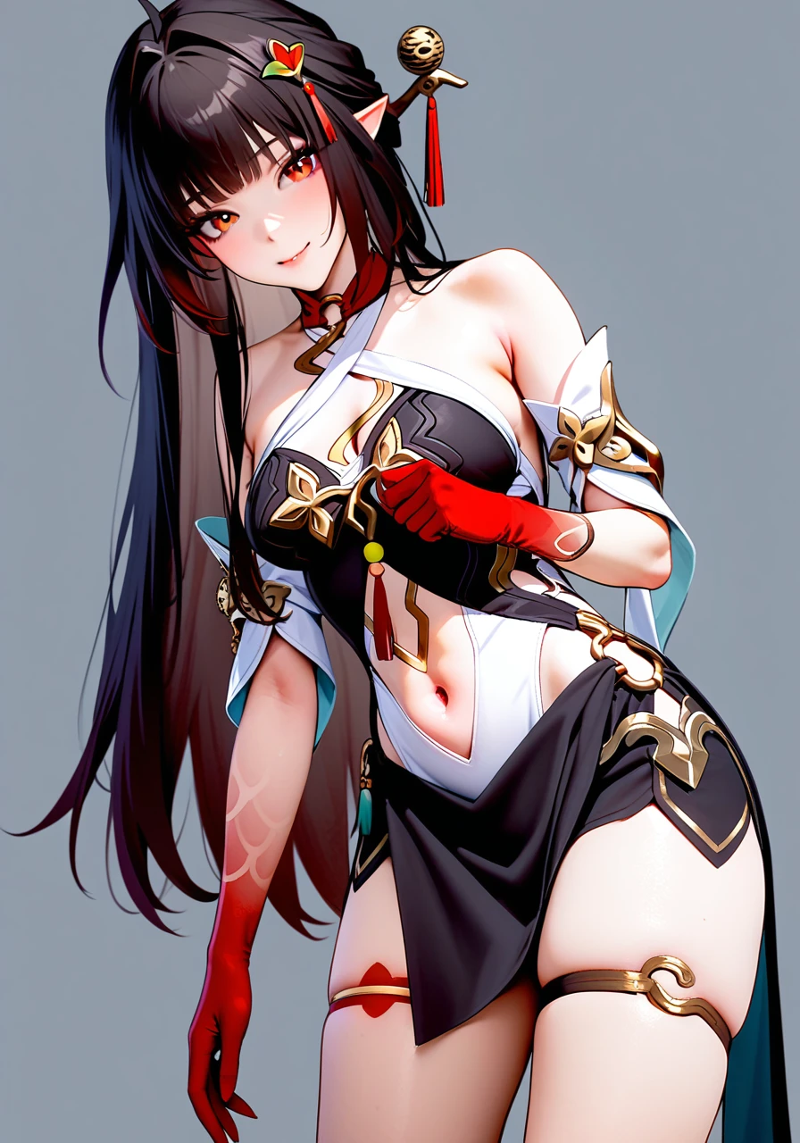 masterpiece, best quality,   <lora:lingsha-xl:1>, <lora:a31cosv2_last:0.8>,
lingsha (honkai: star rail),1girl,solo,halterneck,long hair,black hair,hair ornament,hair intakes,red eyes,pointy ears,jewelry,chinese clothes, detached sleeves,red gloves, bare shoulders, navel cutout,china dress,tattoo,leg tattoo,thigh strap,
cowboy shot, grey background, smile,simple background,