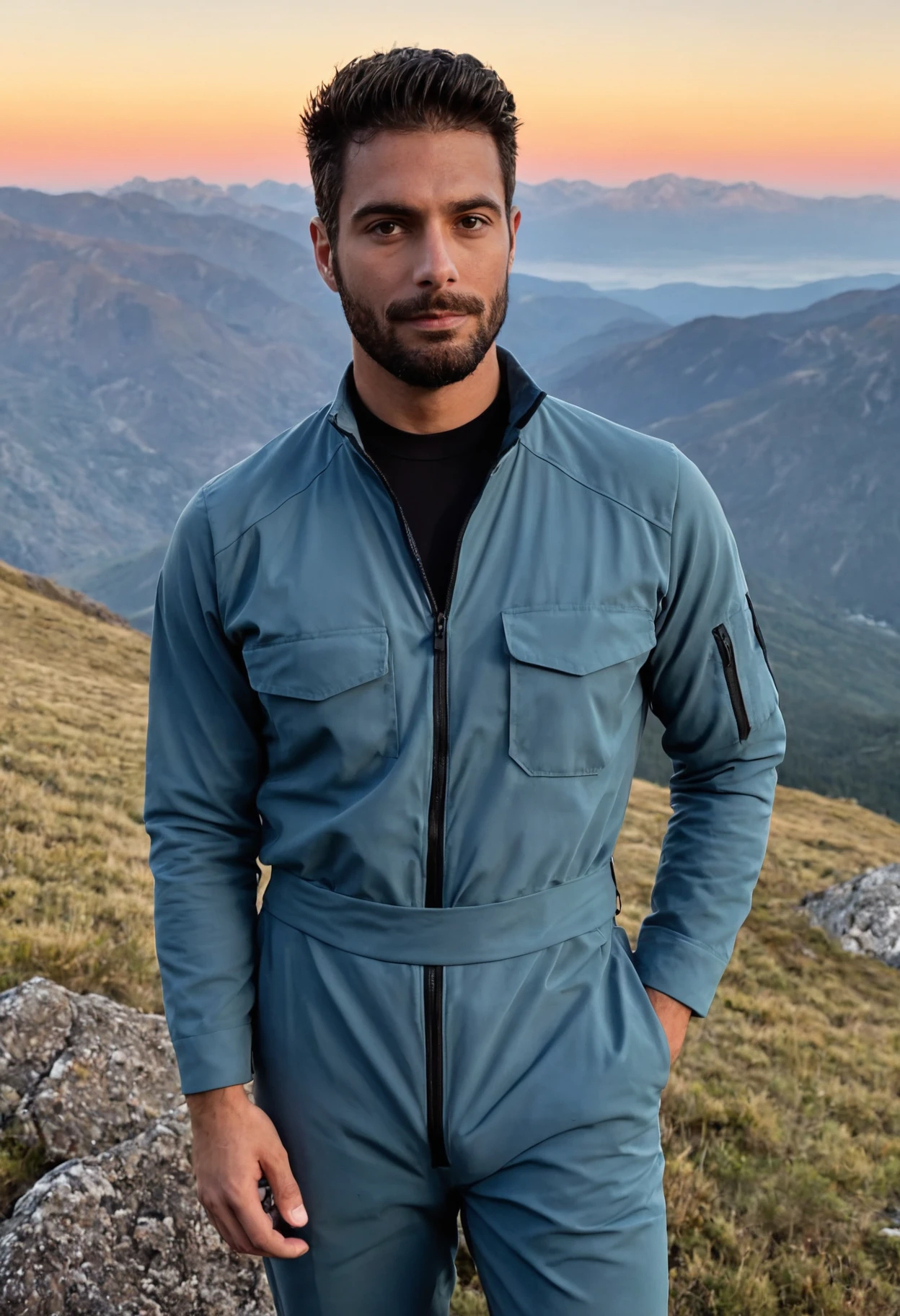 photo of a man, facial hair, wearing a jumpsuit, at a mountain, sunset, looking at viewe, <lora:Jim_Garo_SDXL:.9>