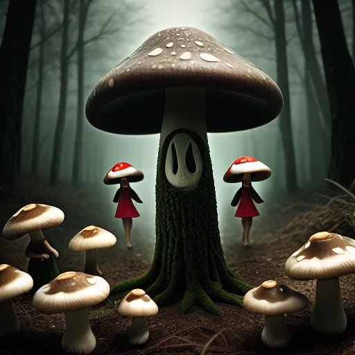 the mushroom cult, a group of mushroom people at a sacrifice