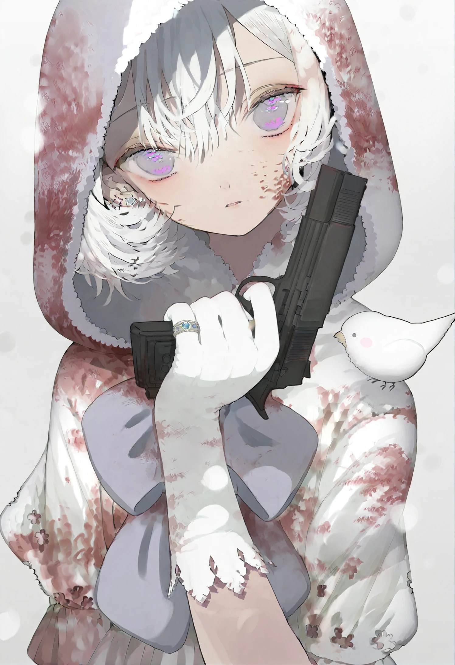 masterpiece, best quality, 1girl, weapon, gun, holding, solo, gloves, holding weapon, hood, holding gun, blood on clothes, jewelry, blood, hood up, white hair, white theme, parted lips, looking at viewer, ring, white gloves, blood on face, upper body, bow, white background, earrings, bird, simple background, short hair, purple eyes, dress, handgun, hand up, short sleeves, hair between eyes 
 <lora:karohrokaXLlokr4f-000180:0.95>