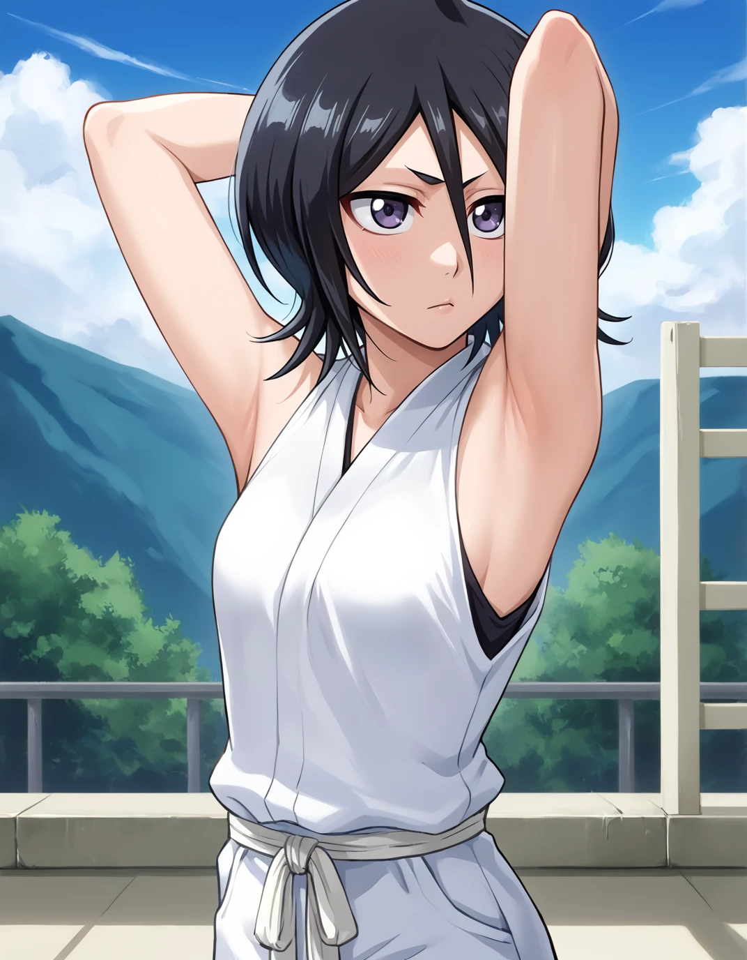 kuchiki rukia, 1girl, solo, sleeveless tshirt, arms behind head, armpits, <lora:Rukia:1> <lora:StS_detail_slider_v1:3>, score_9