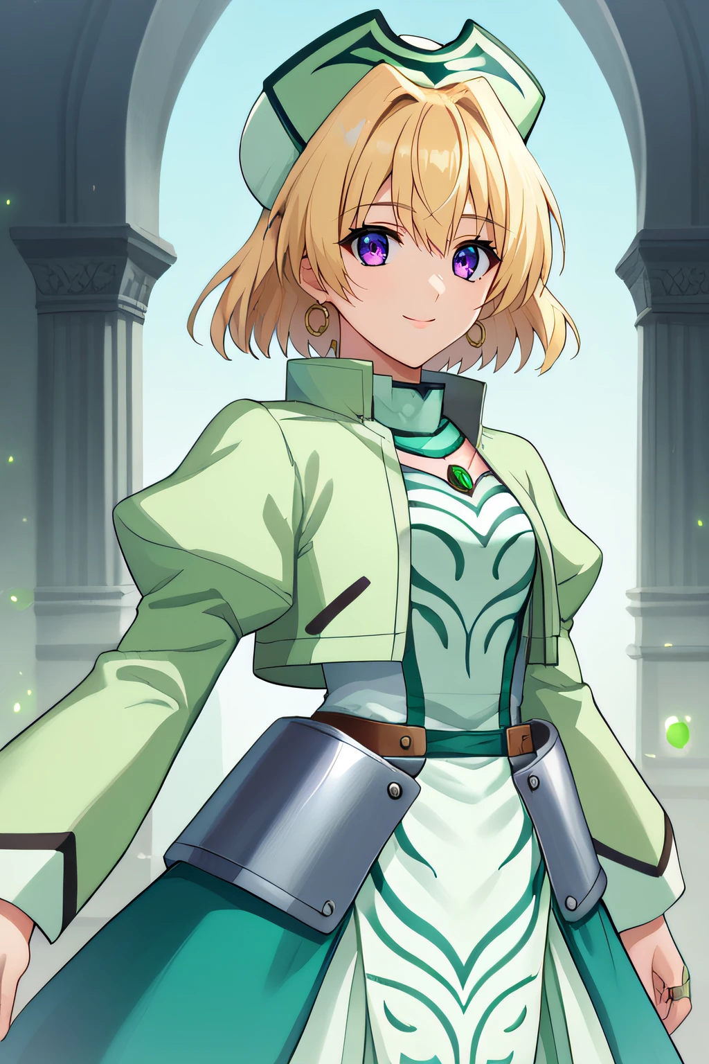 score_9, score_8_up, score_7_up, source_anime, rating_safe, intricate details, 1girl, <lora:Shamal:1>, shamal, short hair, blonde hair, purple eyes, earings, jewlery, ring, gem, green nursing cap, armored dress, armor, light green jacket, white dress, long sleeves, layered dress, cowboy shot, smile, looking at viewer