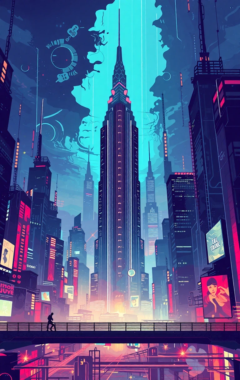 vector artstyle a large skyscraper in a cyberpunk city