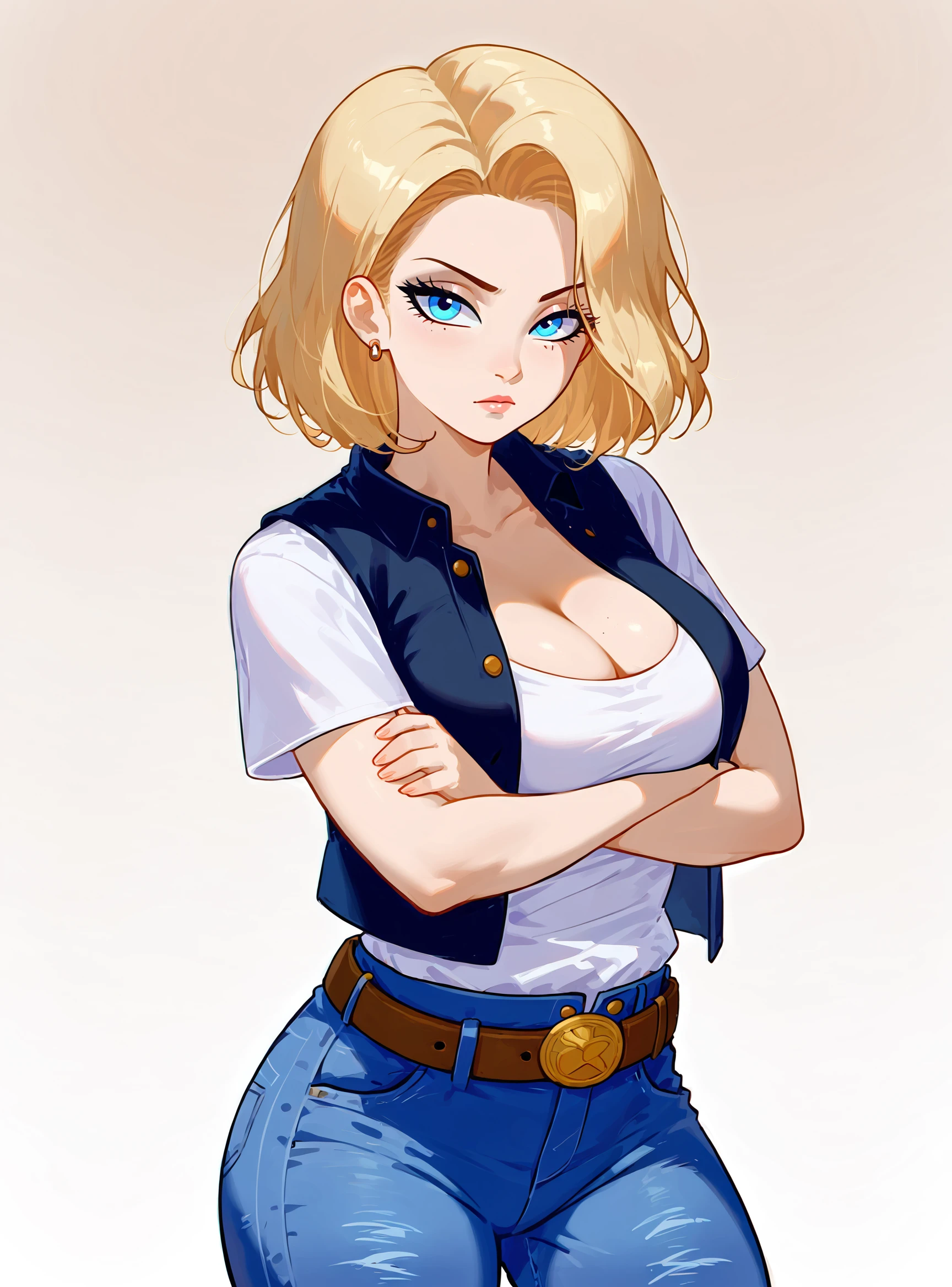 zPDXL2, source_anime, gradient background, 
18xl, 1girl, solo, medium hair, looking at viewer, vest, denim pants, large breasts, mature female, standing, blue eyes,white shirt,cleavage, crossed arms, belt, 
artstyle_onepiece_mangacolored_ownwaifu
<lora:a18xl2-000006:0.9>        <lora:add-detail-xl:1> <lora:DetailedEyes_V3:1> <lora:Cold Oil Gothic Style SDXL_LoRA_Pony Diffusion V6 XL:1>