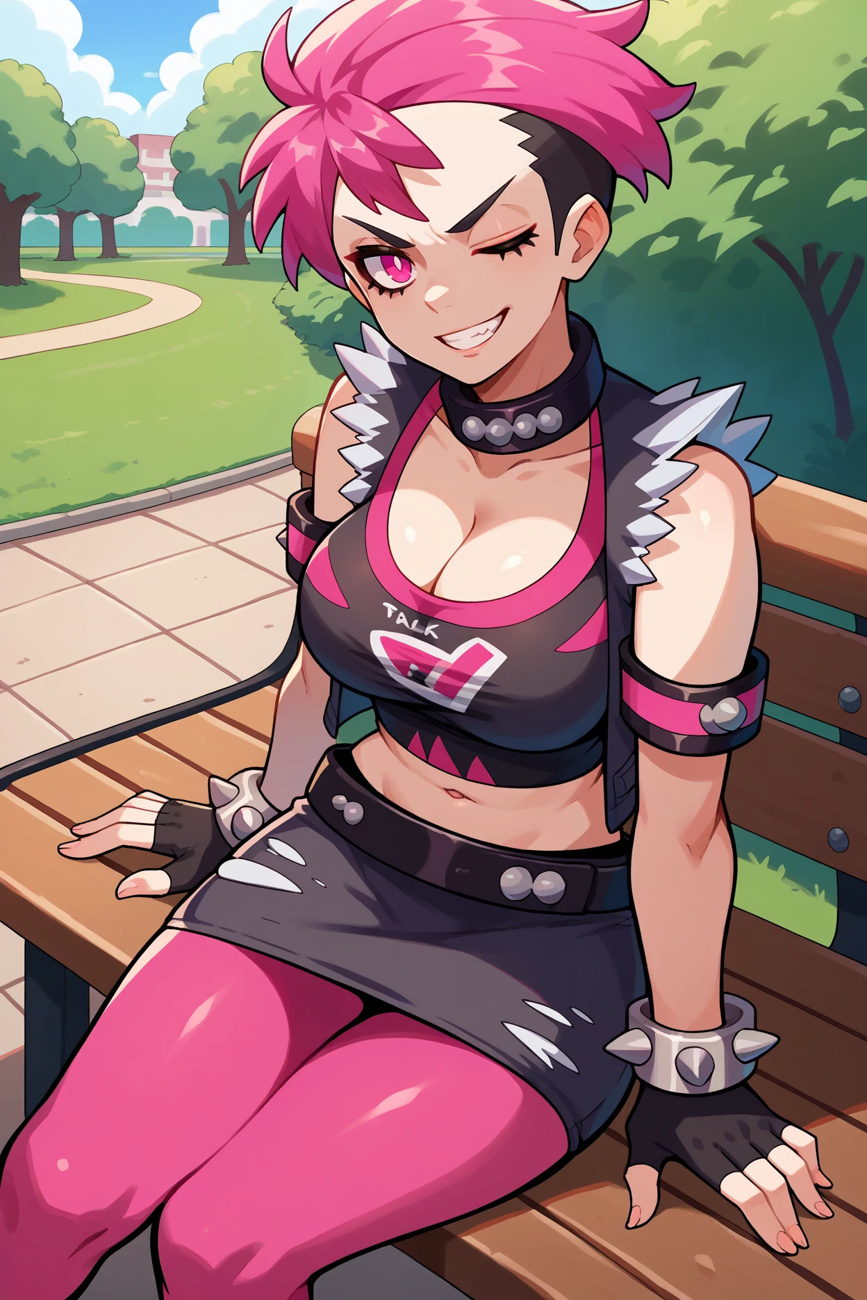 score_9, score_8_up, score_7_up, score_6_up, source_anime, 1girl, solo, <lora:pmtyg-pdxl-nvwls-v1-000005:1> pmtyg, pink hair, short hair, pink eyes, armband, collar, black vest, black crop top, cleavage, fingerless gloves, torn clothes, spiked bracelet, belt, black skirt, pink pantyhose, large breasts, sitting, bench, park, wink, looking at you, smirk