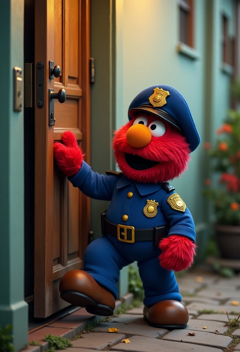 <WARNING: Don't remix this at the listed strength, bring it down to 1.0 - 1.2!>
mariorpgstyle, Elmo dressed as a police officer, knocking on the door of a house.    