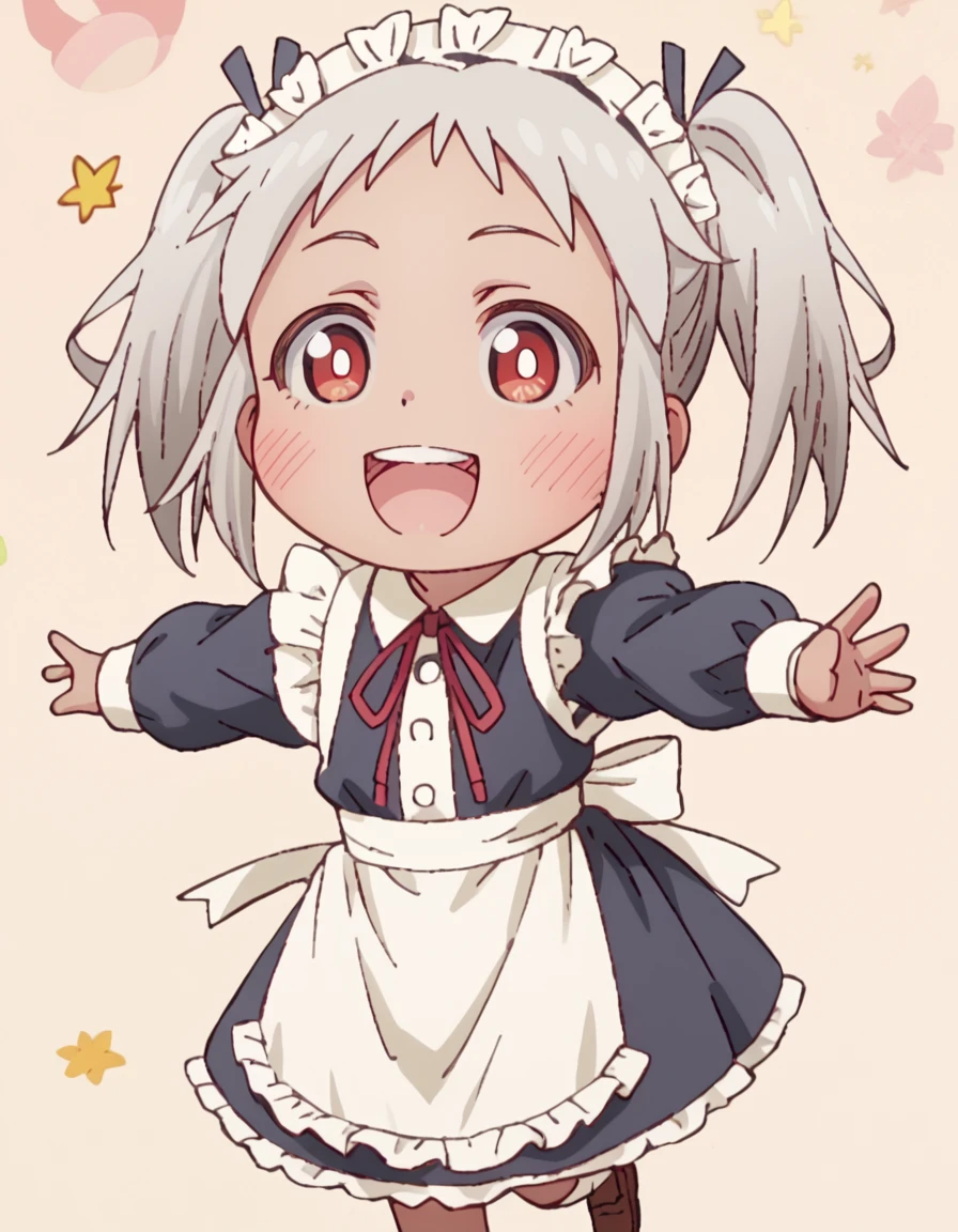 Lily, short hair, red eyes, twintails, grey hair, maid, chibi, score_9, score_8_up, score_7_up, score_6_up, score_5_up, score_4_up, source_anime <lora:MissShachikuLittleBabyGhost:1>, Dynamic Pose, Happy,