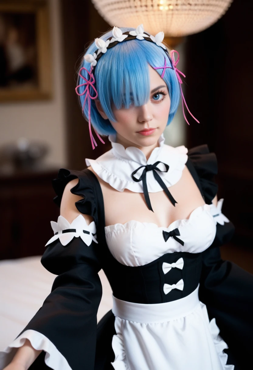 masterpiece, top-quality, Hi-Res, (((((Evil Fall))))),(((((((Creatureization))))))), (((((Parasitized))))),(((tentacle clothes))), (((Leotard))),(Hollow eyes), (((Colossal tits))), (((neck tie))), ((Enamel material)), ((Glossy material)), (((1girl in))), ((独奏)), (((Standing picture))),Remu(Re:Life in another world starting from scratch), Blue hair, white thighhig, (((short-hair))), blue eyess, Hair above one eye, ((frilld)), ((garter strap)),full-body view,deadpan