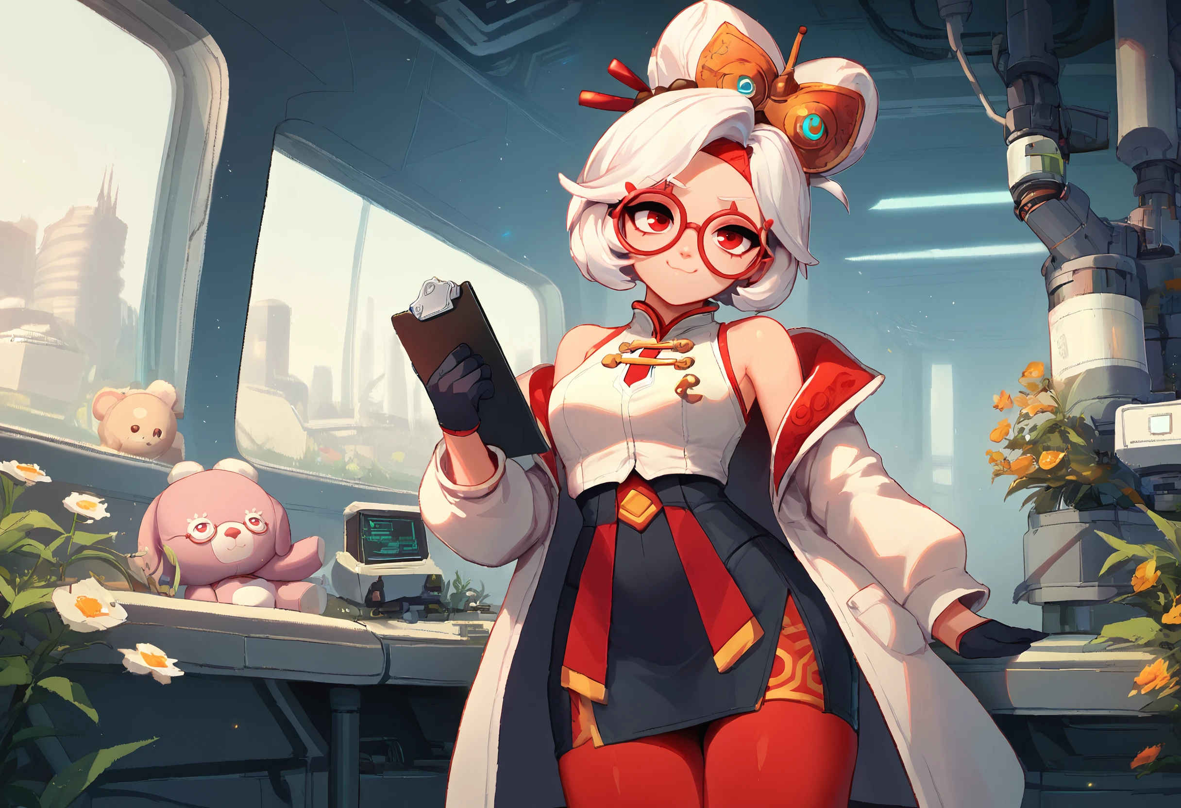 score_9, score_7_up BREAK wide shot,purah, white hair, red eyes,hair ornament, red headband, red glasses, sleeveless shirt, white coat, black skirt, red leggings, gloves,smug,closed mouth,indoors,laboratory,flowers,light particles,science fiction,technology,stuffed toy,clipboard <lora:itzah_pd_glora:1> <lora:purah-pdxl-nvwls-v1:0.8>