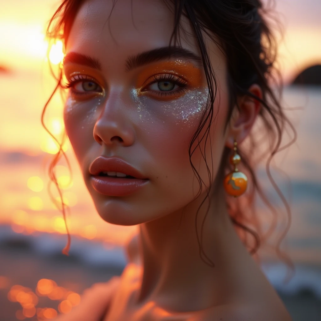 ethereal_makeup, make-up, Close-up of a woman with exquisite makeup, standing by the shore at sunset, with the orange and pink hues of the setting sun reflecting on the water, casting a warm glow on her face, and the soft breeze adding a touch of movement to her hair, enhancing the beauty of the scene.