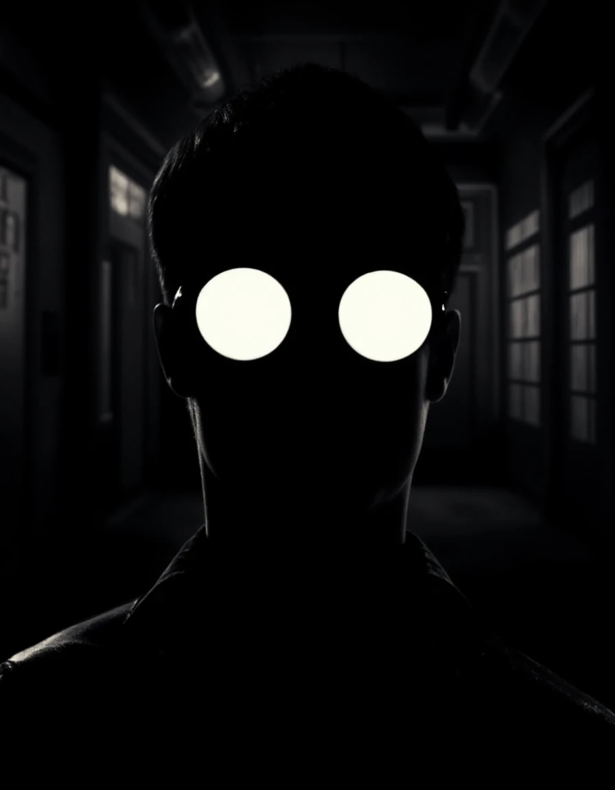 a high-contrast, noir-style portrait of a mysterious figure in round, reflective glasses. The figure's face is in silhouette, with only the outline of their head and the glowing, circular white lenses of their glasses visible. They appear to be wearing a collared shirt or jacket. The background is dark and indistinct, hinting at an indoor setting with vague architectural elements. The overall aesthetic is reminiscent of a  stylized noir film, creating an atmosphere of intrigue and secrecy. sinCity <lora:Sin_City_-_Flux_Lora:1>