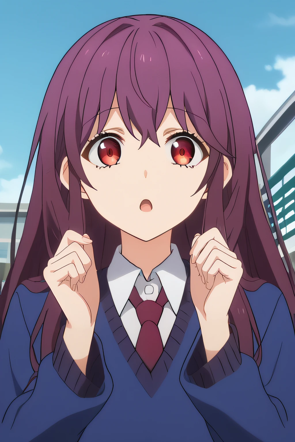 score_9, score_8_up, score_7_up, source_anime, rating_safe, intricate details, anime screencap, official style, 1girl, <lora:Akari_Hayasaka:1>, akari, purple hair, red eyes, long hair, school uniform, dark blue sweater, red necktie, blue skirt, thighs, five fingers, looking at viewer, outdoor, frontal view, upper body, surprised, hands up, open mouth