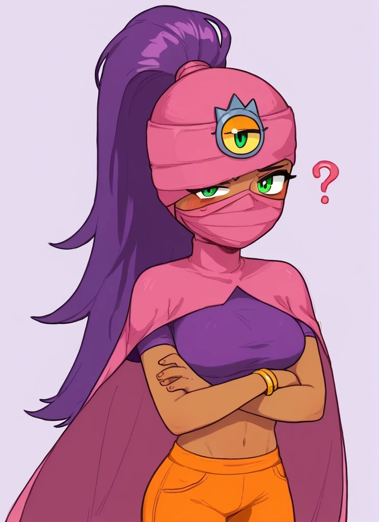 score_9, score_8_up, score_7_up, 1girl,  bstara,  Third Eye, purple hair, ponytail, dark skin, dark-skinned female, mask, one-eyed, cape, bracelet, crop top, purple shirt, orange pants, solo, long hair, breasts, large breasts, jewelry,, <lora:bstara:1>  <lora:PossumMachine:1>posmach   confused, crossed arms,  blush,  ??,  looking at viewer,