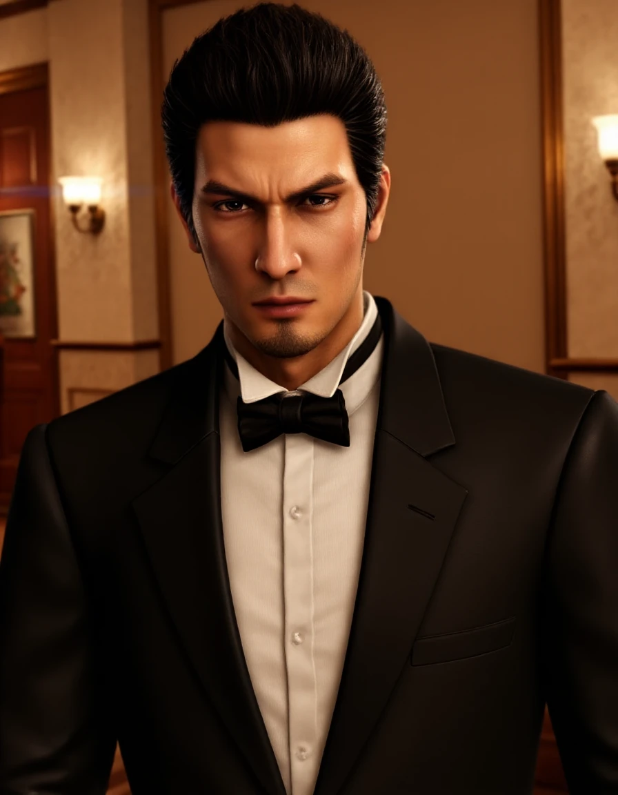 <lora:Kazuma Kiryu_epoch_23:1> Portrait of Kazuma Kiryu wearing tuxedo. He is smiling while looking at the camera. The background implies a Japanese hostess club.