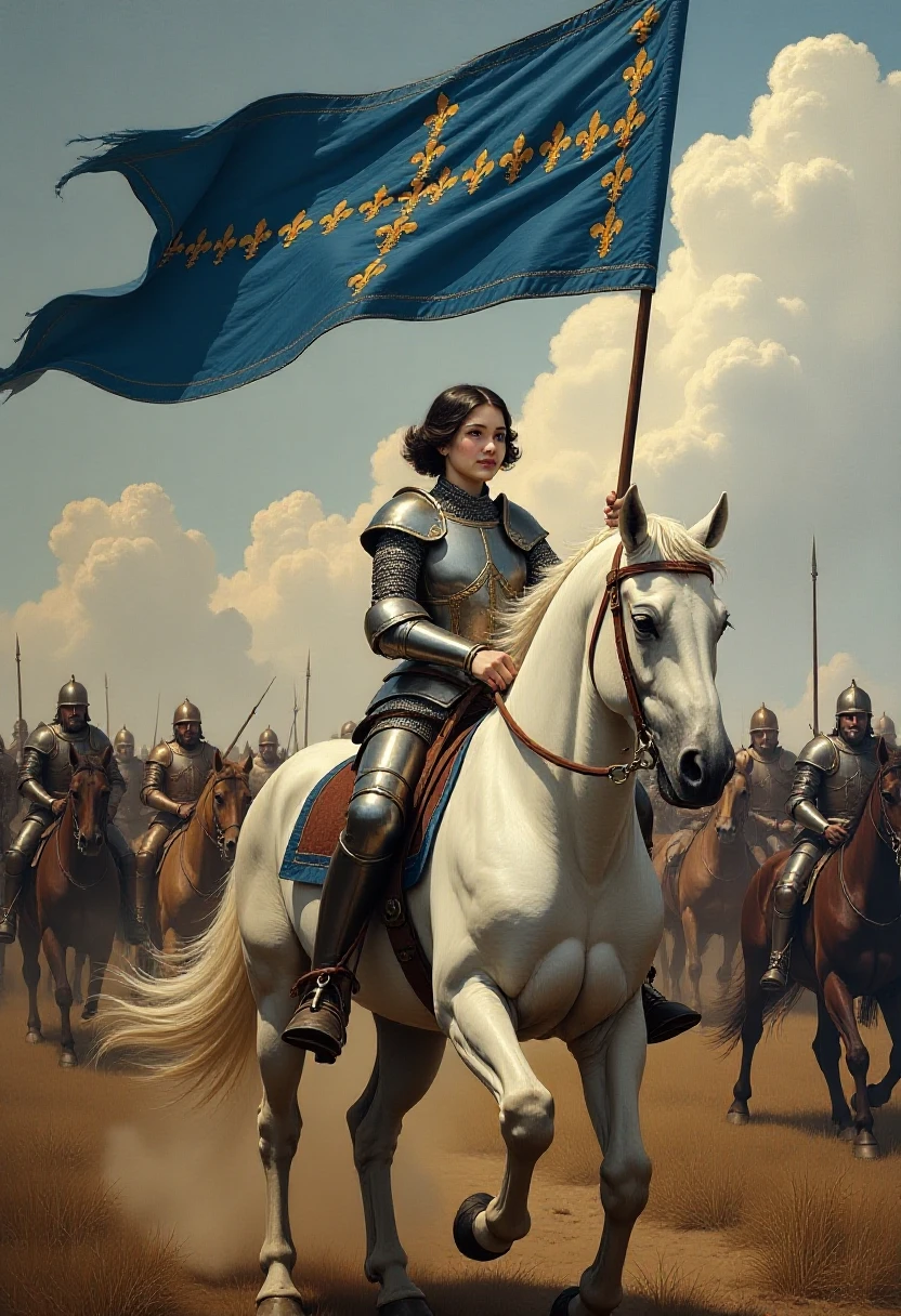 Masterpiece painting, dramatic angled-front view, , heroic painting of a beautiful girl on a medieval battlefield, short black hair, full-plate-mail armor, holding up a lance with a long and narrow blue and gold banner with hundreds of embroidered fleur-de-lis, defiance of an enemy, sitting on a large white steed,