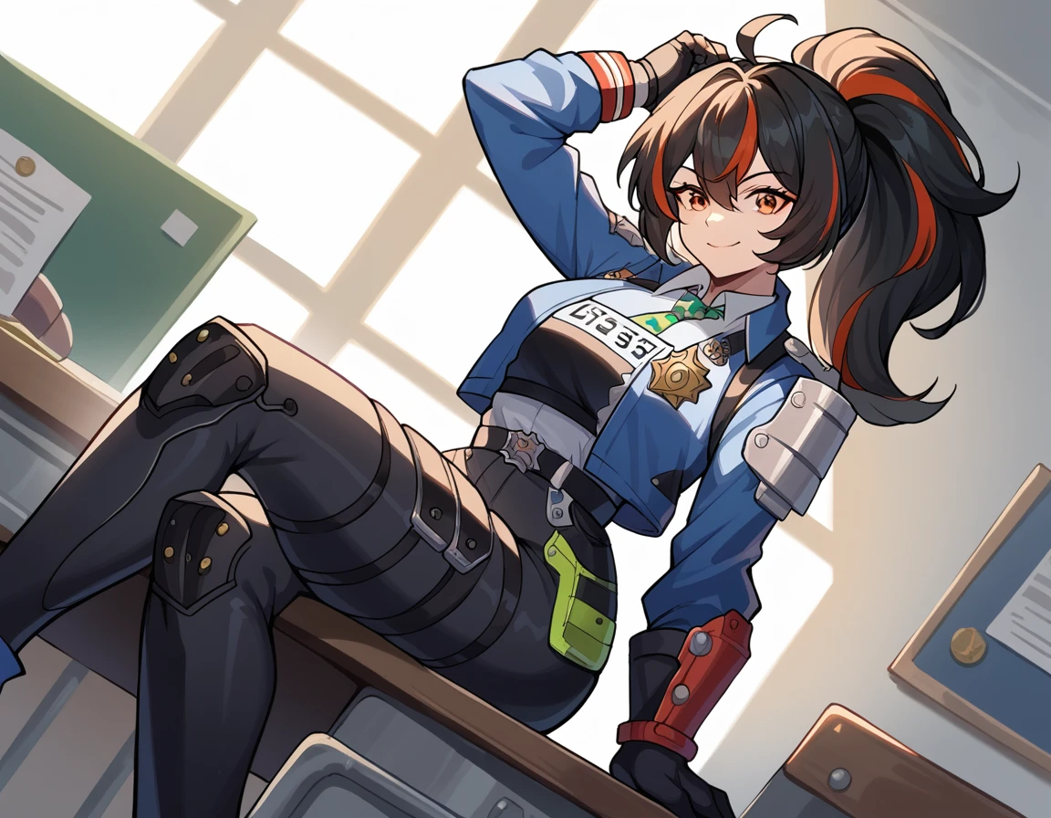 score_9, score_8_up, score_7_up,1gir,l zhu yuan, orange eyes, black hair, long hair, streaked hair, ponytail,livingroom,,((bound,rope)),angry,metal hairband, police uniform, blue jacket, cropped jacket, long sleeves, black vest, two-tone vest, black gloves, green necktie, plaid necktie, black pants, high-waist pants, belt, thigh straps, knee pads, holster, tight pants, blue footwear,wraparound tape gag,improvised gag,hair pulled by tape,hair wrapped by tape,