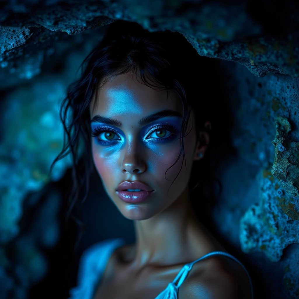 ethereal_makeup, make-up, Close-up of a beautiful woman, standing in a mysterious cave, with a soft blue light filtering through the cracks in the rocky ceiling, casting ethereal reflections on her flawless makeup, the blue hues enhancing the depth of her eyes, and the shadows accentuating the contours of her face.