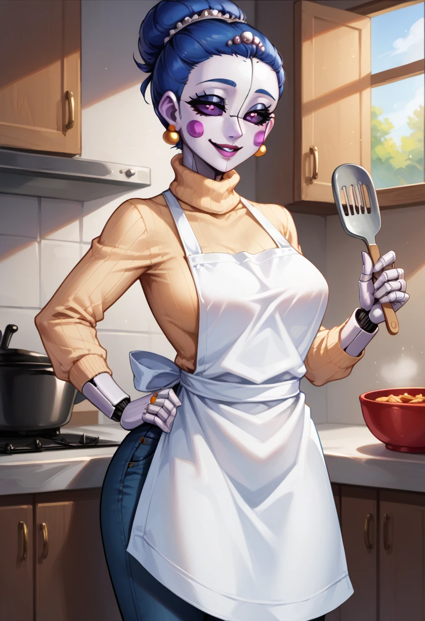 score_9, score_8_up, source_anime,
1girl, solo, ballora, robot, ballerina, blue hair, hair bun, breasts, half-closed eyes, purple eyes, black sclera, earrings, turtleneck, tight sweater, jeans, tan shirt, ring, smile, apron, kitchen, at stove, cooking, standing, holding, holding spatula, spatula,
<lora:Ballora_FNAF_-_Pony_XL:1>