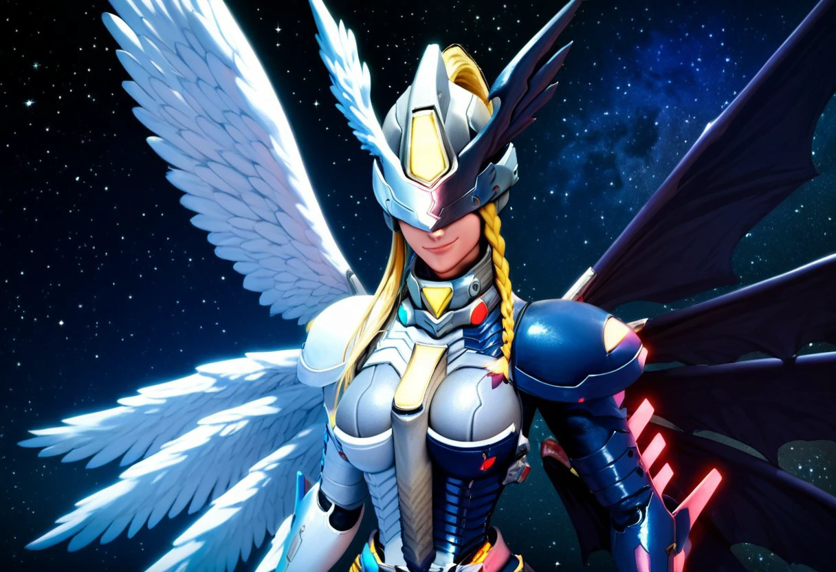 score_9, score_8_up, score_7_up, 1boy, solo,  Expressiveh, (Mastemon, breasts, humanoid, white-skinned female, angel wings, demon wings, armor, helmet, blonde hair, braid, ponytail, smile, closed mouth), ((close-up)), flying, smile, closed mouth, space, stars black background, detailed background, 4k, masterpiece, best quality, highly detailed, realistic