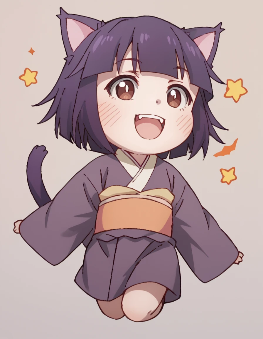 Myako, short hair, purple hair, cat girl, chibi, brown eyes, cat tail, kimono, score_9, score_8_up, score_7_up, score_6_up, score_5_up, score_4_up, source_anime <lora:MissShachikuLittleBabyGhost:1>, Dynamic Pose, Happy,