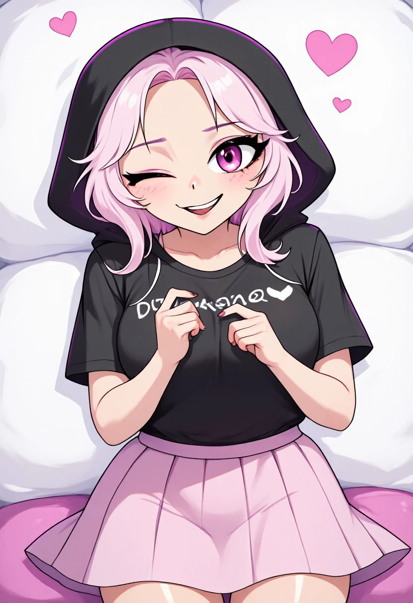 score_9, score_8_up, score_7_up, score_6_up, score_5_up, score_4_up, emberlynn pinkle, hood, pink skirt, black eyeliner, black lipstick, pink hair, black nails, blush, hearts, lying in bed, anime style