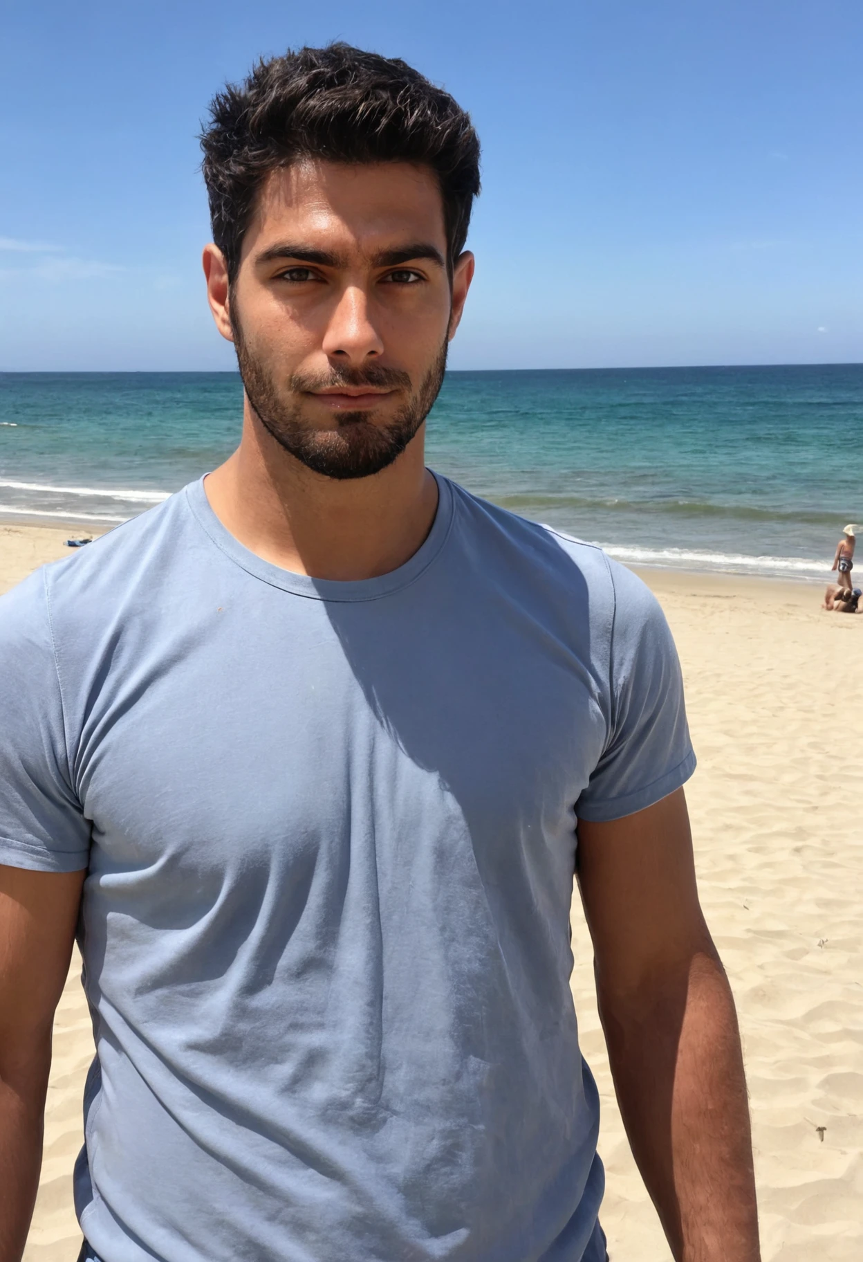 photo of a man, facial hair, wearing a casual outfit, at a beach, looking at viewer, frontview, <lora:Jim_Garo_SDXL:.9>
