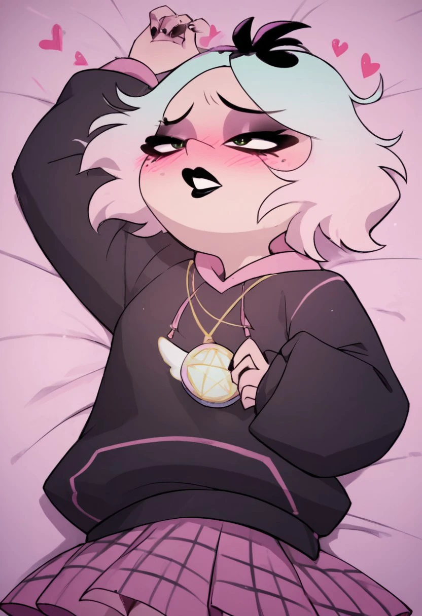 score_9, score_8_up, score_7_up, score_6_up, score_5_up, score_4_up, emberlynn pinkle, hood, pink skirt, black eyeliner, black lipstick, pink hair, black nails, blush, hearts, lying in bed