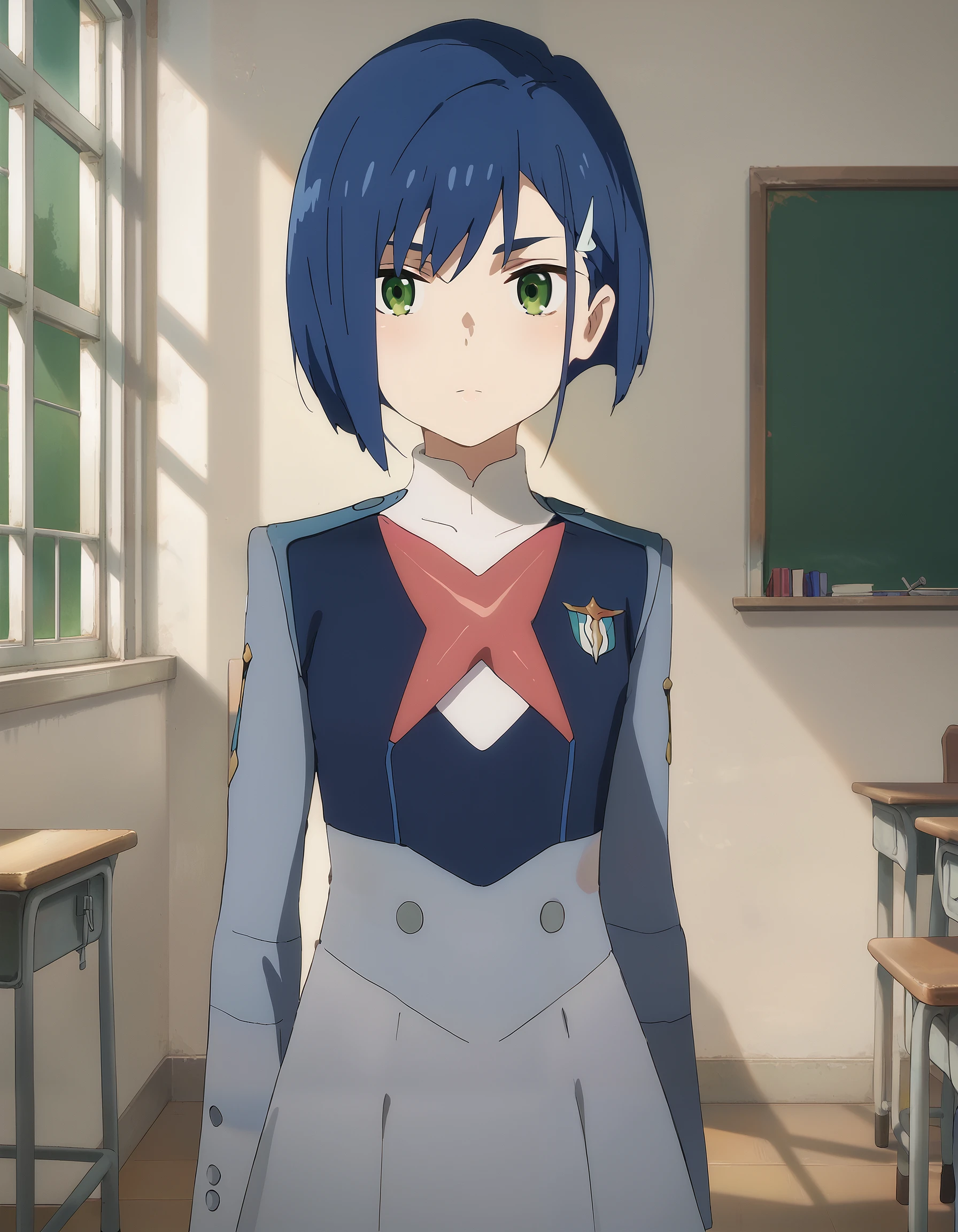 score_9, score_8_up, score_7_up, source_anime, masterpiece, best quality, perfect anatomy, very aesthetic, absurdres, 1girl, solo,

ichigo_franxx, blue hair, short hair, hairpin, green eyes,
military uniform, white blouse, two tone jacket, gray and blue jacket, gray skirt,

indoors, classroom, looking at viewer, cowboy shot,