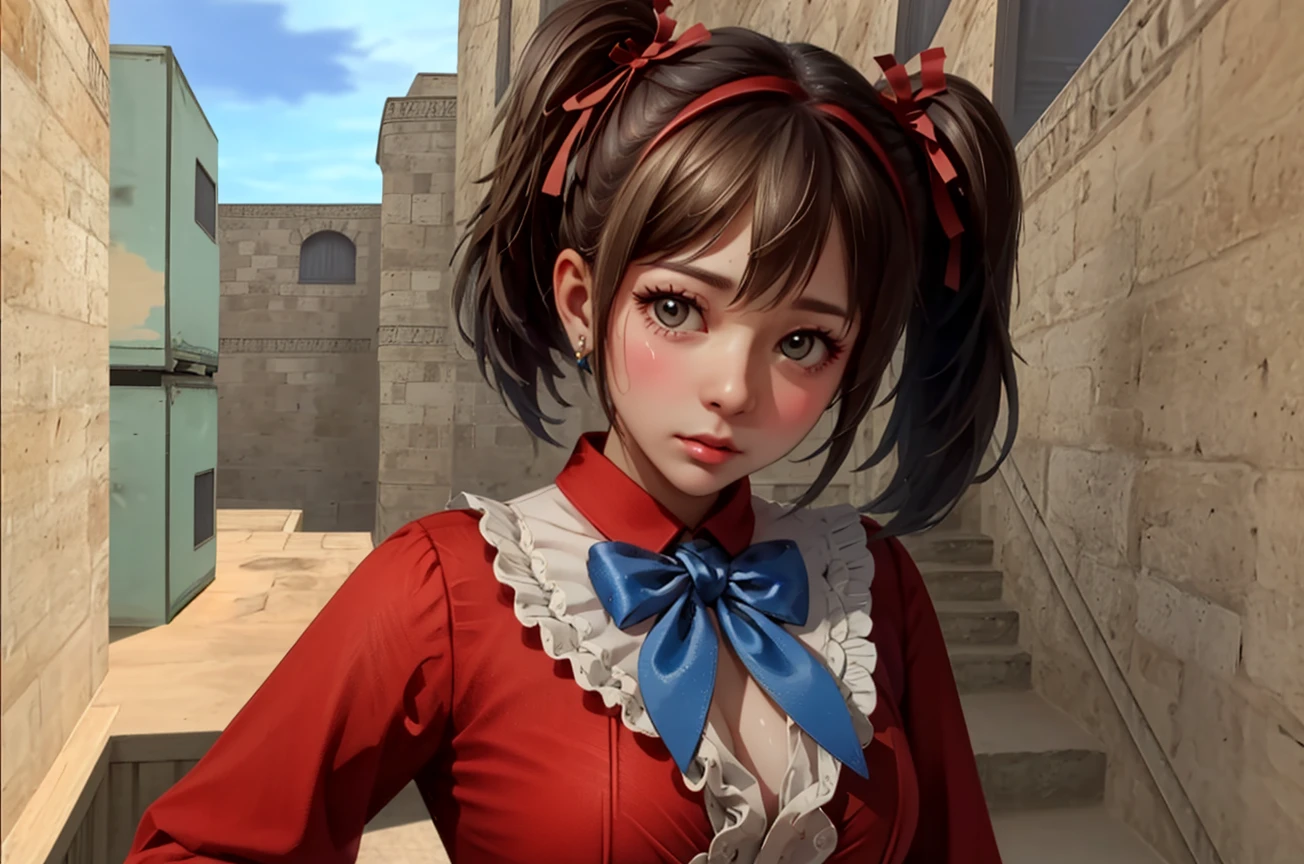 ((close-up)), ((de_dust2)), counter strike, holding handgun, sniper rifle, 1girl, red dress, short dress, bowtie, red long sleeves, parted lips, sweat, lunge, no pants, bridal garter, frills, nail polish, twintails, ribbon, sky, door, slope, alley, rooftop, outdoors, wooden box, facing viewer, on stairs, <lora:girlhatede_dust2:0.9>, <lora:GAME_CounterStrikeOnline_Yuri_ownwaifu:0.5>