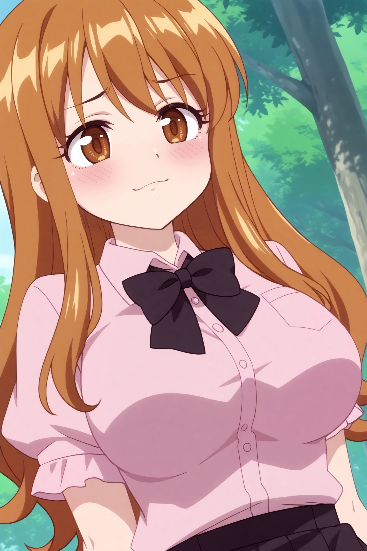 aki minami,anime screencap,1girl,solo,brown hair,long hair,breasts,large breasts,brown eyes,outdoors,forest,pink shirt,collared shirt,black bow,hands behind the back,dutch angle <lora:Aki_Minami.safetensors:0.8>