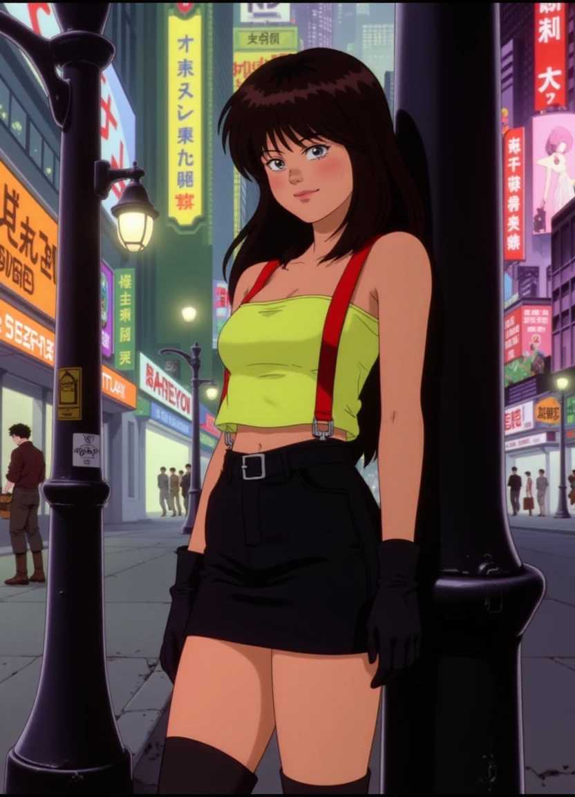 akira_style, a woman with long brown hair, slight smile with a closed mouth, wearing neon yellow strapless crop-top with red suspenders, exposed midriff, black short skirt, knee-high boots, leaning against a lamppost on a cyberpunk city street