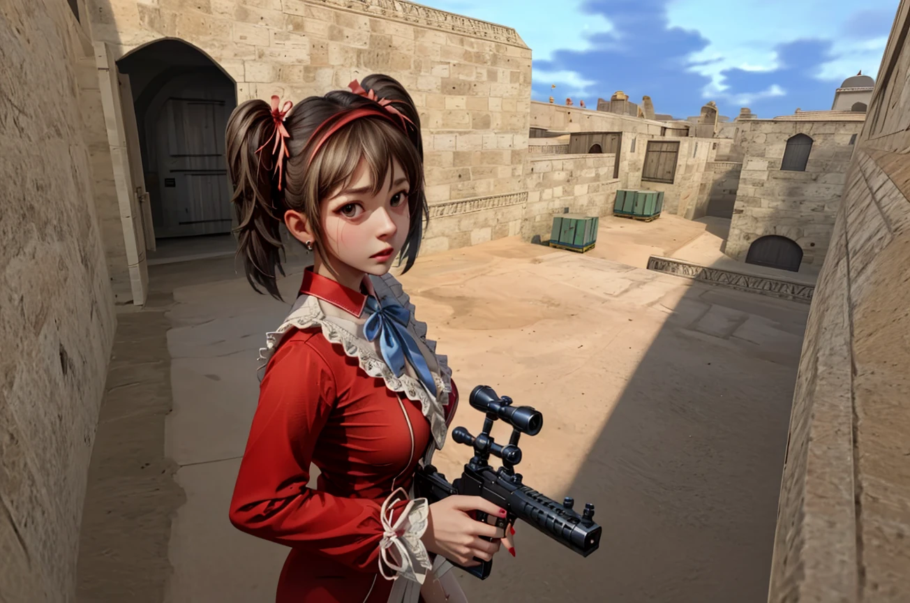 ((close-up)), ((de_dust2)), counter strike, holding handgun, sniper rifle, 1girl, red dress, short dress, bowtie, red long sleeves, parted lips, sweat, lunge, no pants, bridal garter, frills, nail polish, twintails, ribbon, sky, door, slope, alley, rooftop, outdoors, wooden box, facing viewer, from above, <lora:girlhatede_dust2:0.9>, <lora:GAME_CounterStrikeOnline_Yuri_ownwaifu:0.5>